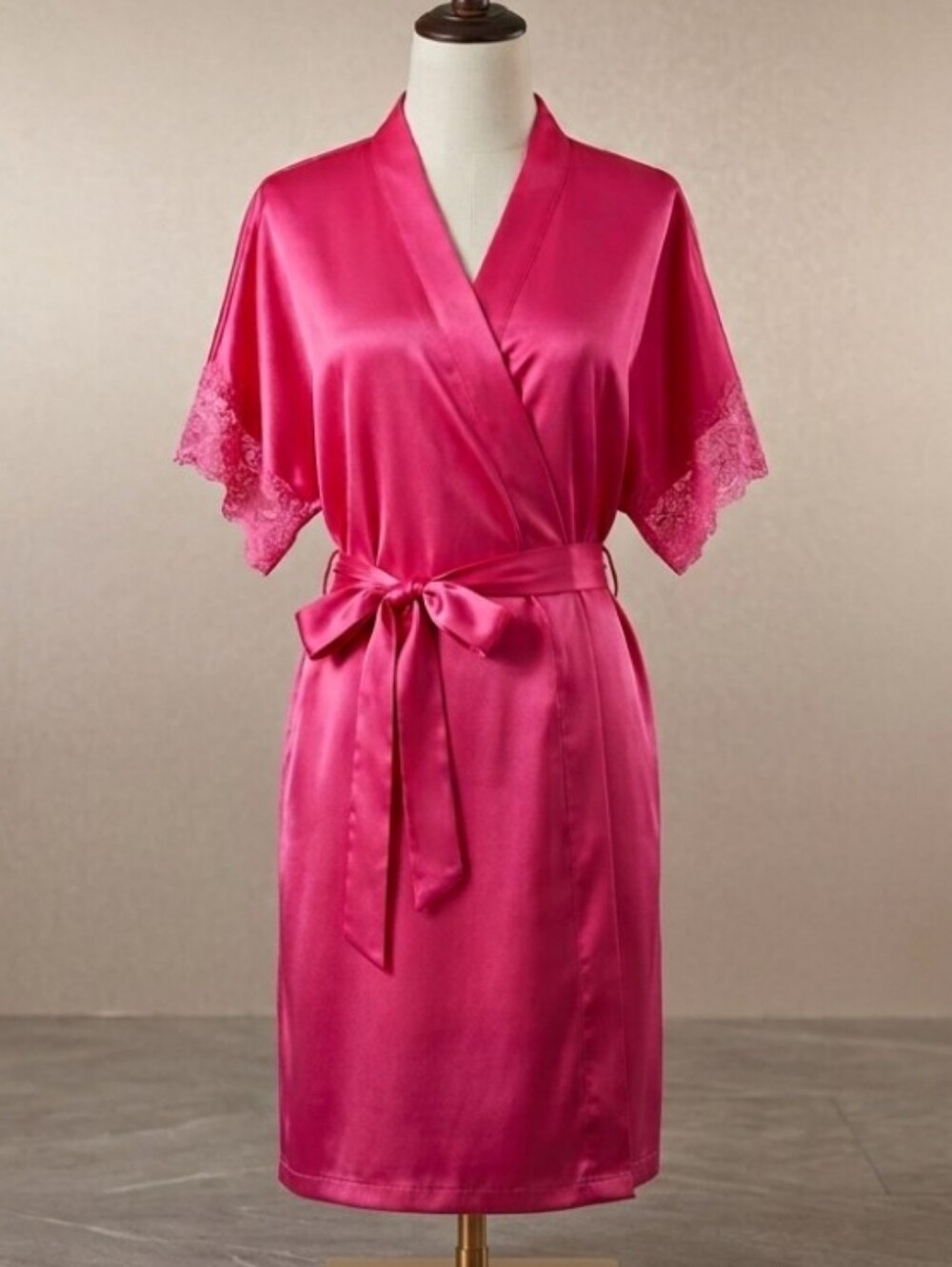 Morgan Taylorsilky  Satin Lace-Trim  Neon Pink Belted  Robe